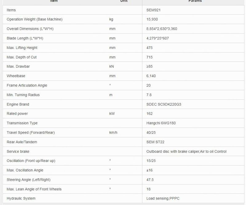 Hot Sell Sem921 210HP Motor Grader with Ripper Price
