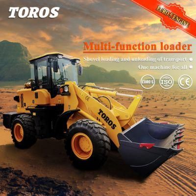 Toros Brand Shandong Mini 4 in 1 Bucket 1.5 Ton Operation Manual Block Clamp Concrete Mixer Wheel Front End Loader for Europe