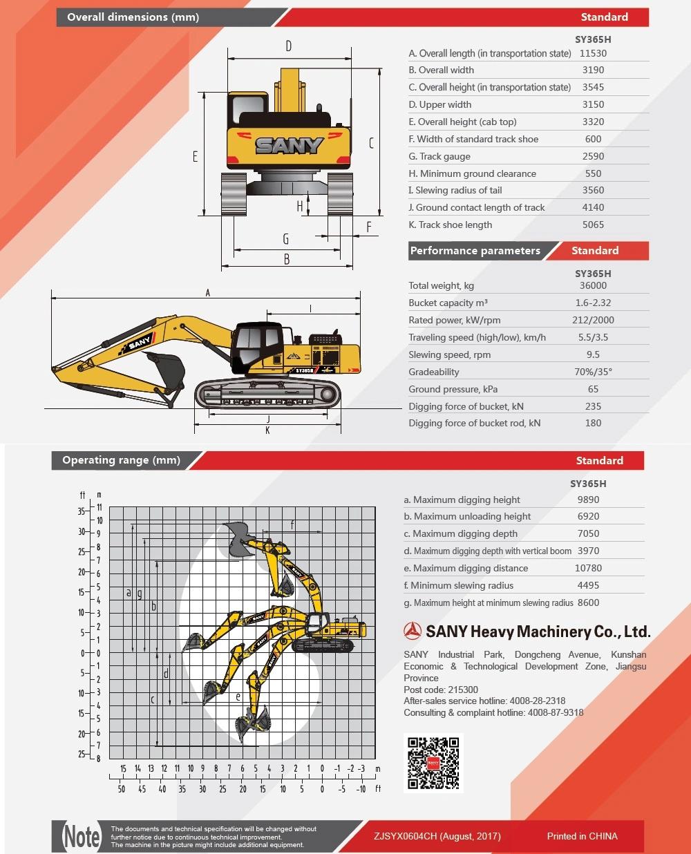 Sany Group Sy365h 36ton RC Excavator Metal Product Mining Equipment China