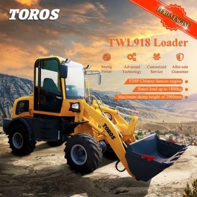 Toros China Famous Brand 1.8 Ton Wheel Minni Mini Loader for Sale with Snow Blade Pallet Fork Grass Fork