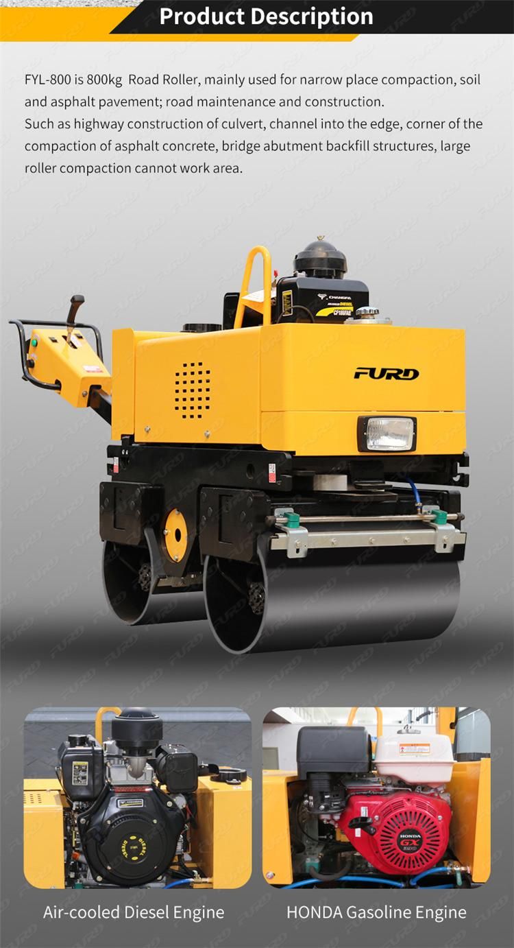 High Quality 800kg Walk Behind Double Drum Honda Gasoline Vibration Road Roller