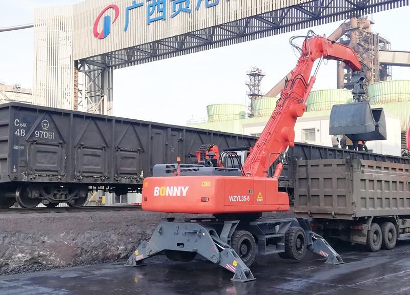 China BONNY BHW35-8 35 Ton Wheel Hydraulic Material Handler with Rotational Clamshell Grab