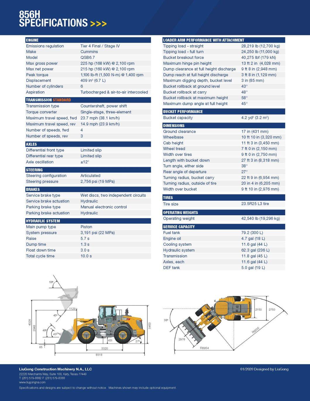 Liugong 5 Ton Wheel Loader Clg856h 5ton Loaders with Factory Price