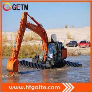 Amphibious Excavator with Broad Tracks Resulting in Low Ground Pressure