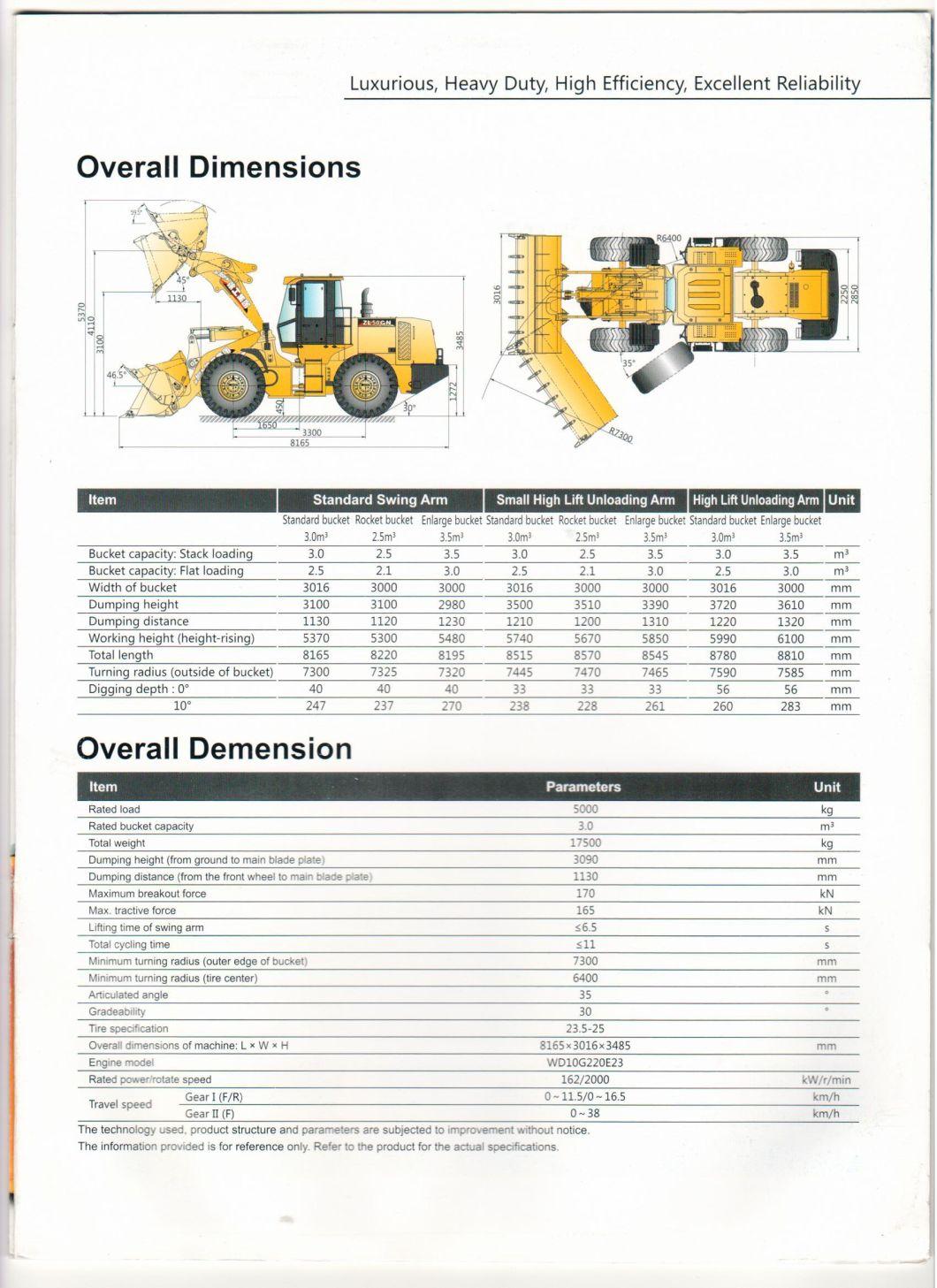 5 Ton Wheel Loader, Mini Loader, Front Loader Zl50gn with 3 M3 Bucket
