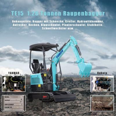 Cash Coupon Sale! China Famous Brand Toros Te15 Mini Excavator 1.2tons Hydraulic Crawler for Sale