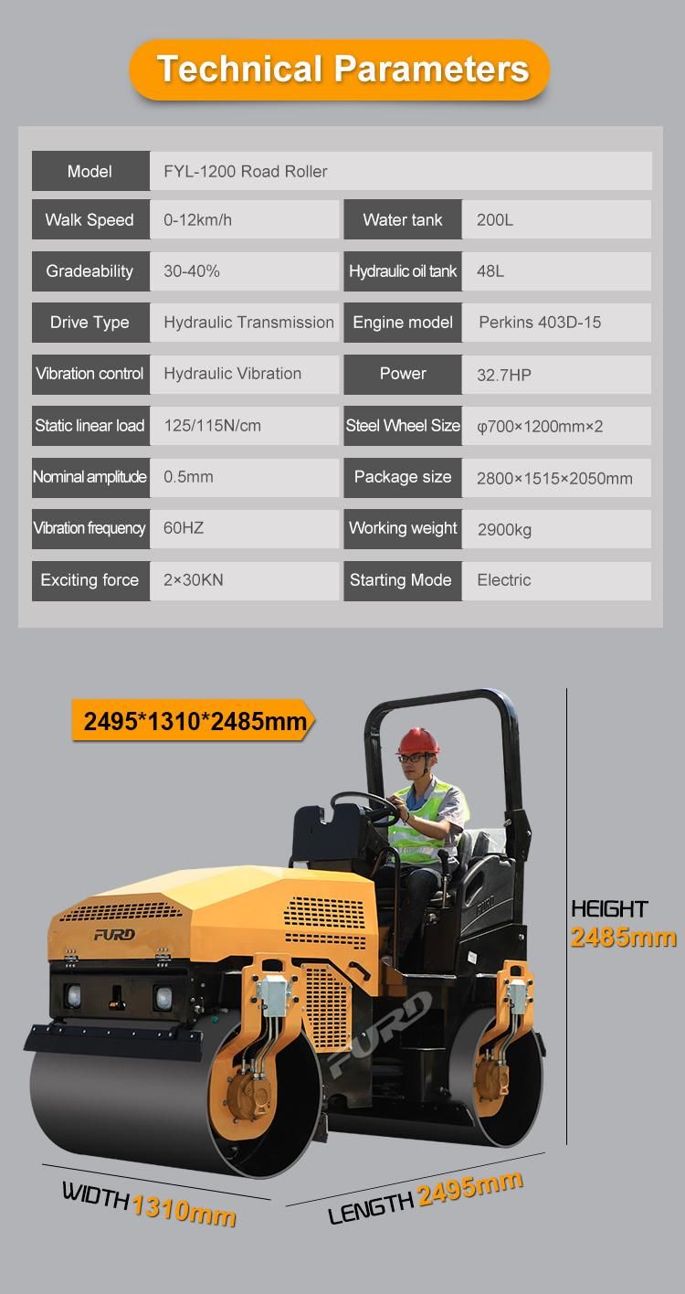 3 Ton Vibratory Road Roller Compactor Mini Asphalt Roller for Sale Fyl-1200