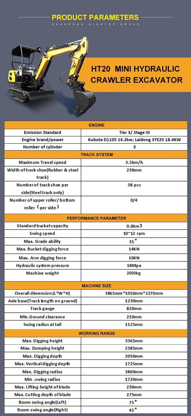 CE EPA Certificate Hydraulic 2 Ton 0.05m3 Bucket Mini Excavator Meet CE/EPA/Euro 5 Emission